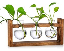 Vintage kleine vazen ​​voor tafeldecoratie, moderne glazen reageerbuizen voor bloemen met standaard, houten kweekstation voor woonkamer, buiten, doop, verjaardag, hydrocultuur decoratie