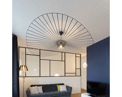 Vintage Kroonluchter Hanglamp Zwart met Glasvezel Stof Kap - Instelbare Hoogte