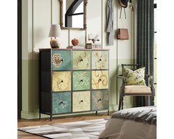 Vintage ladekast met 9 stoffen lades, drielaags kast, kaptafel voor de slaapkamer, bijzettafel voor de woonkamer, metalen frame, 100x30x86cm