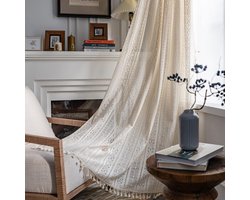 Vintage landhuisstijl gehaakt gebreid gordijn Boho Boheemse gordijnen uitgehold met kwast set van 2 gordijnen outdoor katoenen gordijnen voor woonkamer slaapkamer gordijnen 150 x 160 cm beige