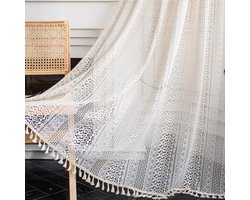 Vintage landhuisstijl gehaakt gebreid gordijn Boho Boheemse gordijnen uitgehold met kwast set van 2 gordijnen outdoor katoenen gordijnen voor woonkamer slaapkamer gordijnen 150 x 220 cm beige