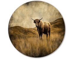 Vintage landschap met hooglander - Schotse hooglander wandcirkels - Wandbord hooglander - Realistische kunst - Wandobject Forex rond - Wandprints slaapkamer - Muurcirkel forex 60x60 cm