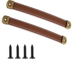 Vintage Leren Ladehandgrepen met Bevestigingsschroeven - Set van 2 Bruine Handgrepen voor Meubels en Koffers