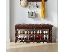 Vintage Lift Top Schoenenbank Bruin 90x30x48cm – 2-Laags Schoenenrek met Getuft Lederen Kussen – Houten Halbank met Opbergruimte & Plank – Klassieke Schoenenorganizer voor Entree Thuis - Ganeey