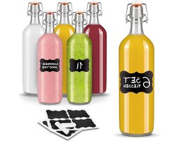 Vintage Luchtdicht Clip-Top Glazen Flessen Set - 1L x 6 - Water Opslag Karaf - Navulbaar - Herbruikbare Stickers - Anti-Stof Krijt