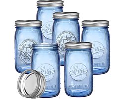 Vintage Mason Jars – 6-Delige Set 940 ml – Blauwe Glazen Potten met Deksel – Voor Fermenteren & Decoratie