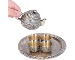 Vintage Metalen Theeservies 4 Kopjes Chinese Theepot Kopjes Set met 1 Theeblad Vintage Metalen Theeset voor Theeliefhebbers/Vrouwen/Mannen