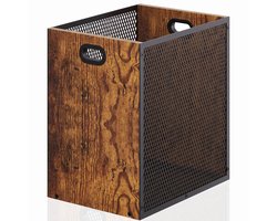 Vintage papierbak - Industriële prullenbak zonder deksel - H30 x B20 x D28 cm - IJzer en hout - 2 handgrepen - Kantoor en woonkamer - Bruin-zwart - Design Vierkant Prullenbak voor Kantoor - Retro prullenbak met metalen mand – 17 liter