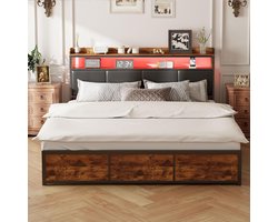 Vintage Platform Tweepersoons Bedombouw 140x200cm met 4 Lades en LED Verlichting