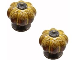 Vintage Pompoen Keramische Deurgrepen - 2 Stuks - Meubelknoppen voor Kast, Lade en Kledingkast - Geel en Leopard Design