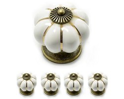 Vintage porseleinen meubelknoppen met antiek bronzen versiering - Set van 4