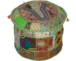 Vintage Poufhoes 22x22x14 cm - Groen met Bloemen - Handgebreid - Patchwork - Ethnische Voetenbankhoes - Katoen
