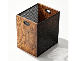 Vintage prullenbak 17 l van ijzer en hout, industriële stijl vuilnisemmer met handgrepen voor woonkamer, slaapkamer en keuken, 28 x 20 x 30 cm, retro design, decoratieve afvalbak, multifunctioneel gebruik