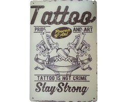 Vintage Retro Tinnen Bord Pride And Art 20x30cm | Metalen Wandbord Voor Tattoo Shop Salon En Interieur | Retro Wall Art Voor Wachtruimte Balie Werkplek Of Etalage | Stoere Decoratie Voor Tatoeage Studio Piercing Shop En Man Cave