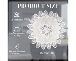 Vintage rond linnen tafelkleed 60 x 60 cm met kanten rand in wit - salontafel topper voor keuken, kamer of bruiloft