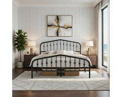 Vintage Royal Crown Metalen Bedframe 160x200 cm - Industrieel Tweepersoonsbed met Kroon Hoofdeinde, Extra Stevig Stalen Frame 363 kg, Lattenbodem Zonder Boxspring, Zwart - Casa Serena
