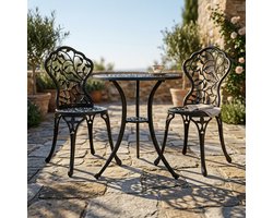 Vintage Royale 3-delige Antieke Aluminium Tuinset – Klassieke Bronzen Bistroset met 2 Stoelen en Ronde Decoratieve Tafel – Weerbestendige Victoriaanse Balkon- en Terrasmeubelset IndustroHome