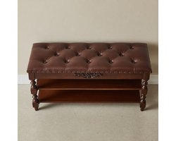 Vintage Schoenenbank Bruin 90x30x48 cm – 2-Laags Schoenenrek met Getuft Lederen Kussen – Klassieke Houten Halbank met Plank – Schoenenopbergbank voor Entree & Hal – Ganeey