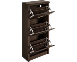 Vintage schoenenkast met rotan decor, 3 uitklapbare vakken, retro schoenenrek in donkerbruine houtlook, ruimtebesparende schoenenkast 54x25x115 cm, halmeubel in moderne landelijke stijl