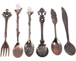 Vintage set van 6 kleine metalen lepels en vorken voor dessert en koffie - Elegant servies voor keuken, eetkamer en bar - Ideaal voor ijs, fruit en zoete snacks - Rood thema - Royal Style