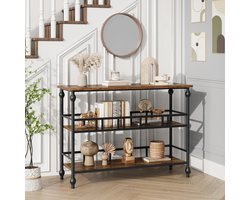 Vintage Sidetable met 3 Lagen - Smalle Console Tafel voor Hal & Gang - Metalen Romeinse Poten - Houtlook / Bruin - 110 x 30 x 80 cm