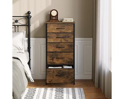 Vintage Smalle Commode met 5 Stoffen Laden – Industriële Houtlook Opbergkast voor Slaapkamer, Woonkamer & Hal – Metaal Frame, FSC Hout – Zwart – Mobili Bella
