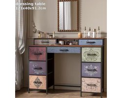 Vintage Stijl Bureau met Kleurrijke Laden - 121cm Breed, Industrieel Metaal & Hout Design