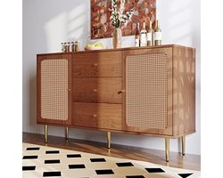 Vintage stijl commode met 2 deuren en 3 laden, rotan deurcommodes met verstelbare plank, multifunctionele houten ladekast voor hal, slaapkamer, woonkamer en badkamer