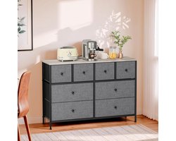 Vintage Stoffen Ladekast met 8 Lades en Massief Houten Bovenblad – Industriële Opbergkast met Metalen Frame, Anti-Kantel Beveiliging en Verstelbare Poten – Voor Slaapkamer, Hal en Woonkamer – Grijs – Mobili Bella