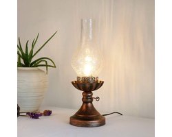 Vintage Tafel Lamp met Schakelaar - Retro Nostalgie Petroleum Lamp - Antieke Traditionele Slaapkamer Bedlamp - Studielamp Leeslamp - Klassieke Olielamp - Gebarsten Glazen Lampenkap - Heldere Decoratieve Lamp