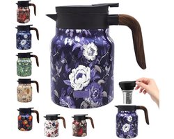 Vintage theepot met bloemenpatroon – Ingebouwd theefilter, Vintage theepot met bloemenpatroon en ingebouwd theefilter, Geïsoleerde roestvrijstalen fles met deksel, Warme dranken, Blauw (Houten handvat, 1 liter)-Driedelige verpakking-3pcs