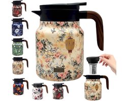 Vintage theepot met bloemenpatroon – Ingebouwd theefilter, Vintage theepot met bloemenpatroon en ingebouwd theefilter, Geïsoleerde roestvrijstalen fles met deksel, Warme dranken, Roze (Houten handvat, 1 liter)