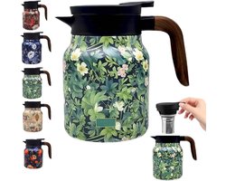 Vintage theepot met bloemenpatroon –Ingebouwd theefilter, Vintage theepot met bloemenpatroon en ingebouwd theefilter, Geïsoleerde roestvrijstalen fles met deksel, Warme dranken, Groen (Houten handvat, 1 liter)
