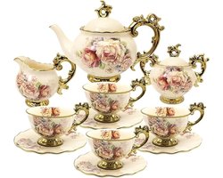 Vintage Theeservies met Gouden Accenten - 15 Delige Porseleinen Set