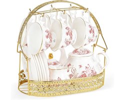Vintage theeservies met houder, 22-delige porseleinen set met rode bloemenmotief voor thee en koffie