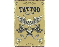 Vintage Tinnen Bord Tattoo Studio 20x30cm | Metalen Wandbord Voor Tattoo Shop Salon En Interieur | Retro Wall Art Voor Wachtruimte Balie Werkplek Of Etalage | Stoere Decoratie Voor Tatoeage Studio Piercing Shop En Man Cave | Dagelijks Gebruik