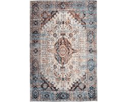 Vintage Vloerkleed - Laagpolig - " Madacara " - Perzisch Tapijt met Oosterse motieven in de kleur Crème-Blauw met Terracotta accenten 200x290 cm