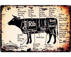 Vintage Wandbord van Koe - Slager - Rundvlees - Wanddecoratie Metaal - Muurdecoratie voor Restaurant & Keuken