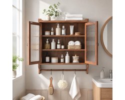 Vintage Wandkast Met Dubbele Glazen Deuren, Drie Planken En Handdoekrek Voor Badkamer Keuken En Eetkamer, Bruin, 63 Cm