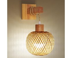 Vintage wandlamp binnen – Houten & metalen retro wandlamp met E27 fitting en rieten kap – Industrieel design – Geschikt voor woonkamer, slaapkamer, hal, eetkamer – Max 60W – Zonder lamp