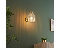 Vintage Wandlamp Goud met Geribbeld Glas - E27 Fitting - Sfeervolle Verlichting Woonkamer Slaapkamer