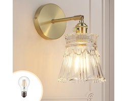 Vintage wandlamp van messing - wandlamp voor het bed - badkamerspiegellamp - met Franse bloemenglazen kap - 180° verstelbaar - geschikt voor slaapkamer, woonkamer, deuropening, kaptafel