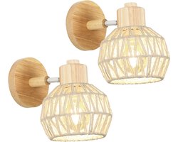Vintage Wandlampen Set van 2 - Houten en Rotan - 180° Zwenkbaar voor Slaapkamer en Woonkamer