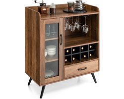 Vintage wijnkast, met wijnrek en geïntegreerde glazen houders, barkast, hout, dressoir met lade en glazen deur, 80 x 40 x 95 cm