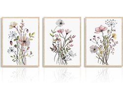 Vintage Wildflowers Canvas Set - Minimalistische Bloemenafbeeldingen voor Woonkamer en Slaapkamerdecoratie