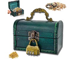 Vintage Wooden Treasure Chest - Kleine Schatkist met Combinatieslot - Retro Houten Kisten voor Kinderen - Sieradenbox - Mini Houten Opbergdoos voor Decoratie en Opslag