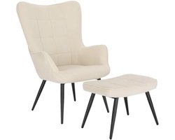 Vintage/retro relaxstoel met voetenkruk, gestoffeerde oorfauteuil als televisiestoel, fluweel, crèmewit