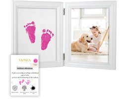 VIONEA Baby voetafdruk met 7 drukvellen - Baby handafdruk meisje - baby afdrukset meisje - Kraamcadeau meisje - Babyshower cadeau meisje - Inktloos - Roze - Moederdag cadeau - Herinnering