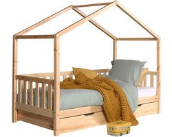 Vipack Kinderbed Dallas 90x200cm - Bedbank als Huis met Slaaplade - Bed met Dak - Peuterbed met Logeerbed - Ledikant - Hout