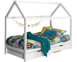 Vipack Kinderbed Dallas 90x200cm - Kajuitbed - Bed met Dak en Slaaplade - Peuterbed met Logeerbed - Ledikant - Bedframe Wit